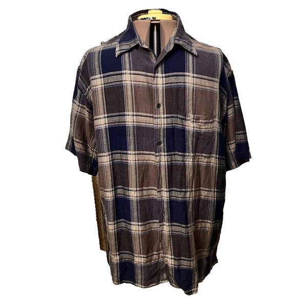 Geoffrey Beene. Size L. Linen rayon Plaid Blue Gray Short Sleeve. Shirt. B95 - Picture 1 of 6